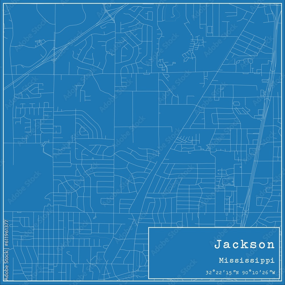 Blueprint US city map of Jackson, Mississippi.