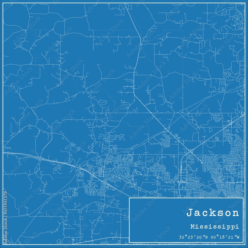 Blueprint US city map of Jackson, Mississippi.