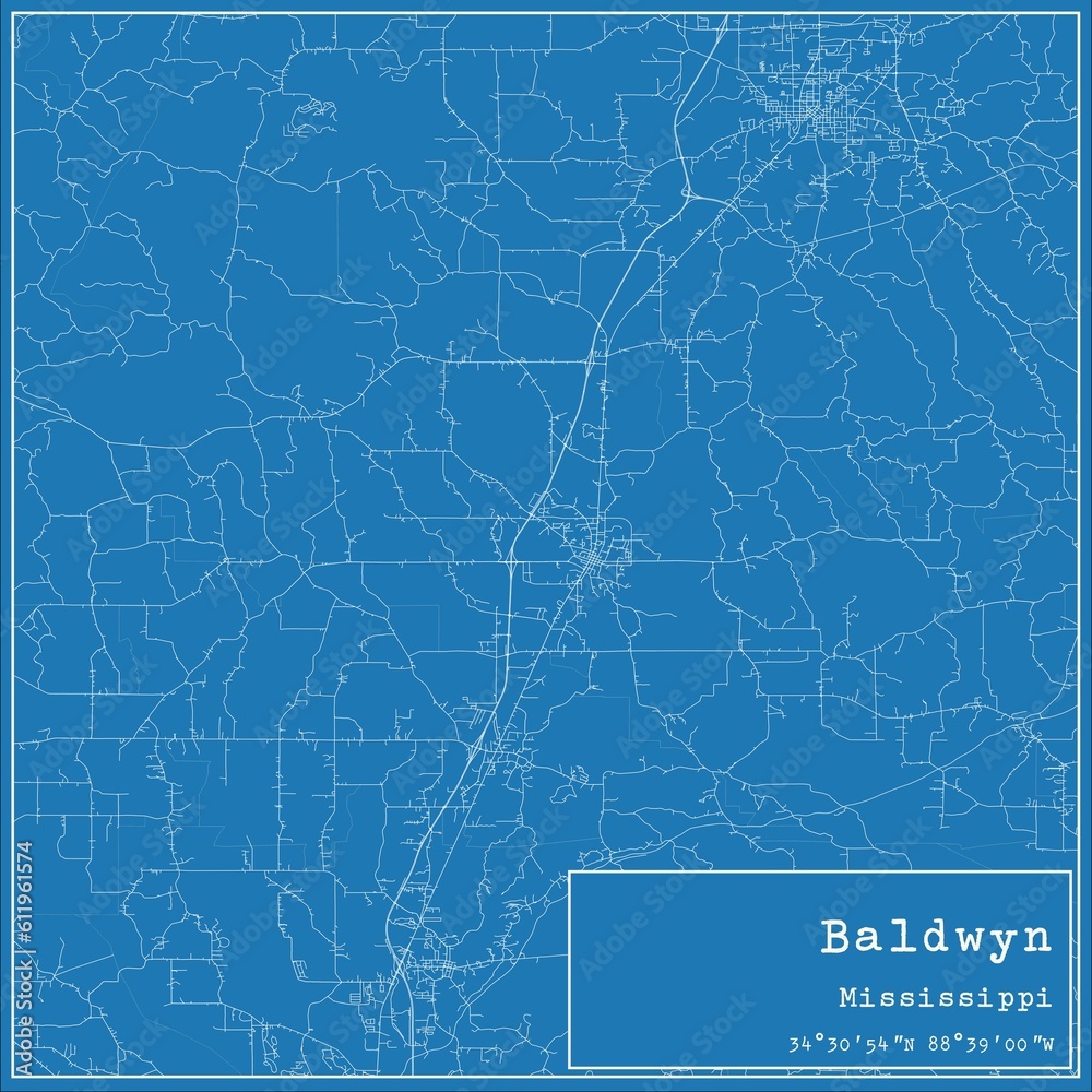 Blueprint US city map of Baldwyn, Mississippi.