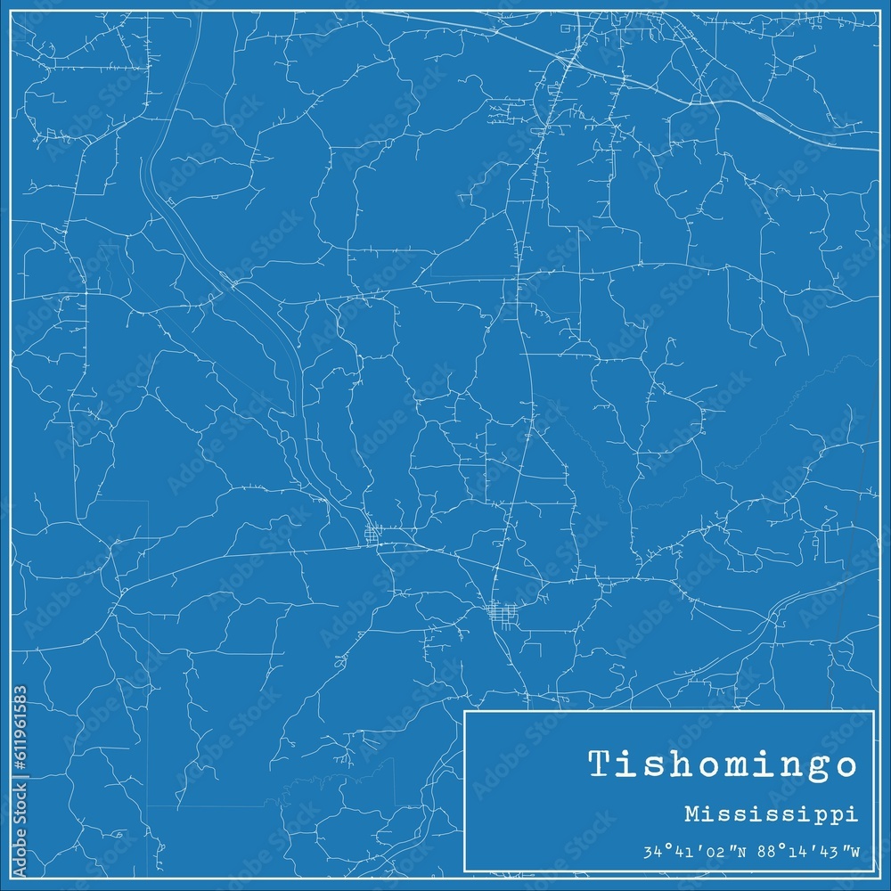 Blueprint US city map of Tishomingo, Mississippi.