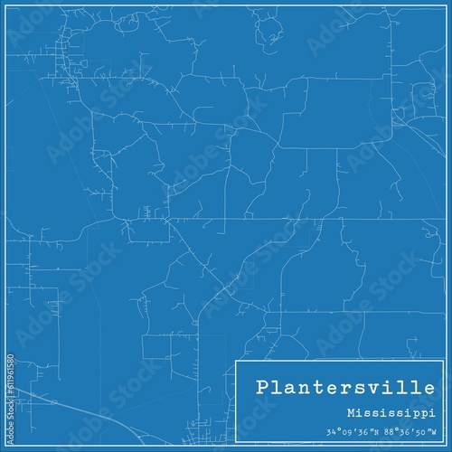 Blueprint US city map of Plantersville, Mississippi.