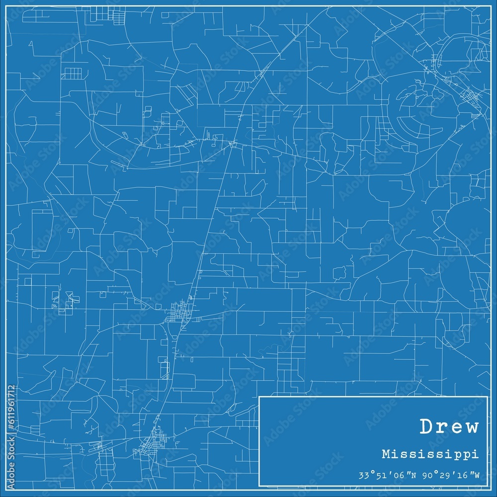 Blueprint US city map of Drew, Mississippi.