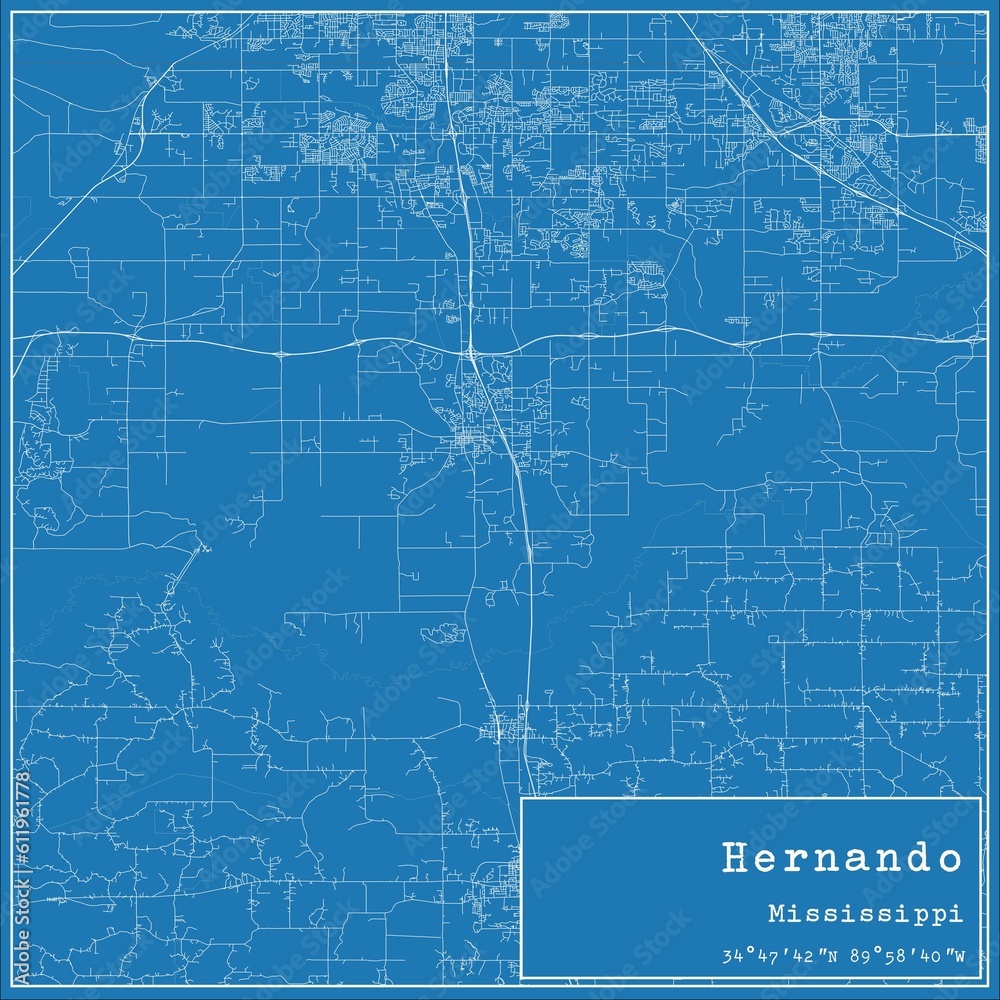 Blueprint US city map of Hernando, Mississippi.