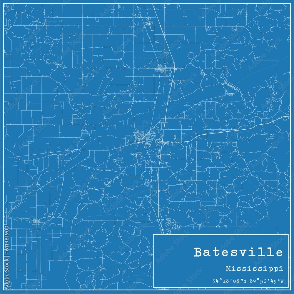 Blueprint US city map of Batesville, Mississippi.