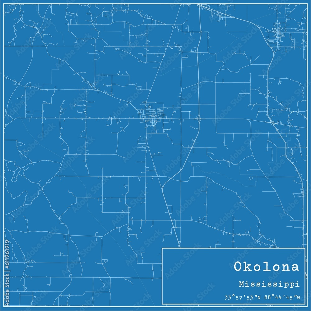 Blueprint US city map of Okolona, Mississippi.