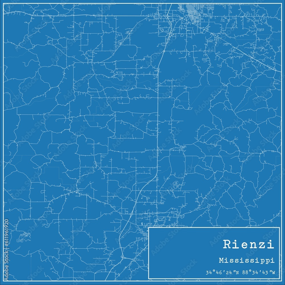 Blueprint US city map of Rienzi, Mississippi.