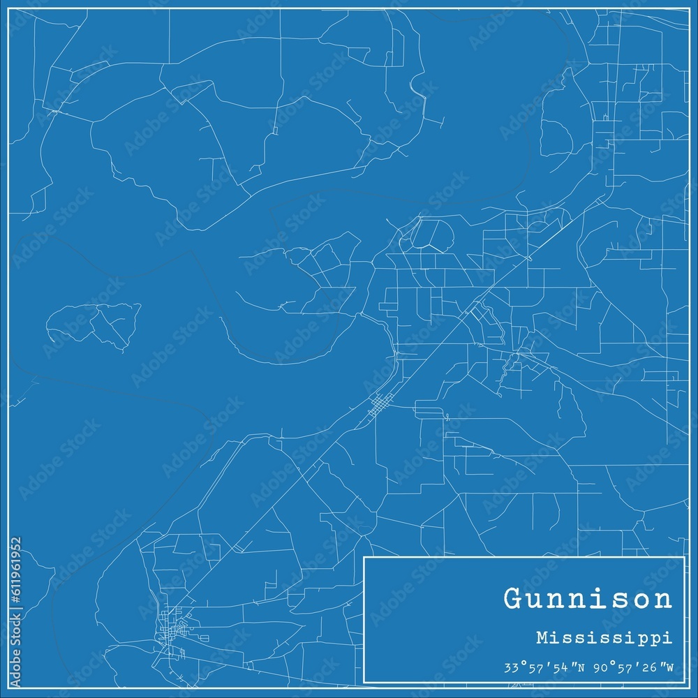 Blueprint US city map of Gunnison, Mississippi.