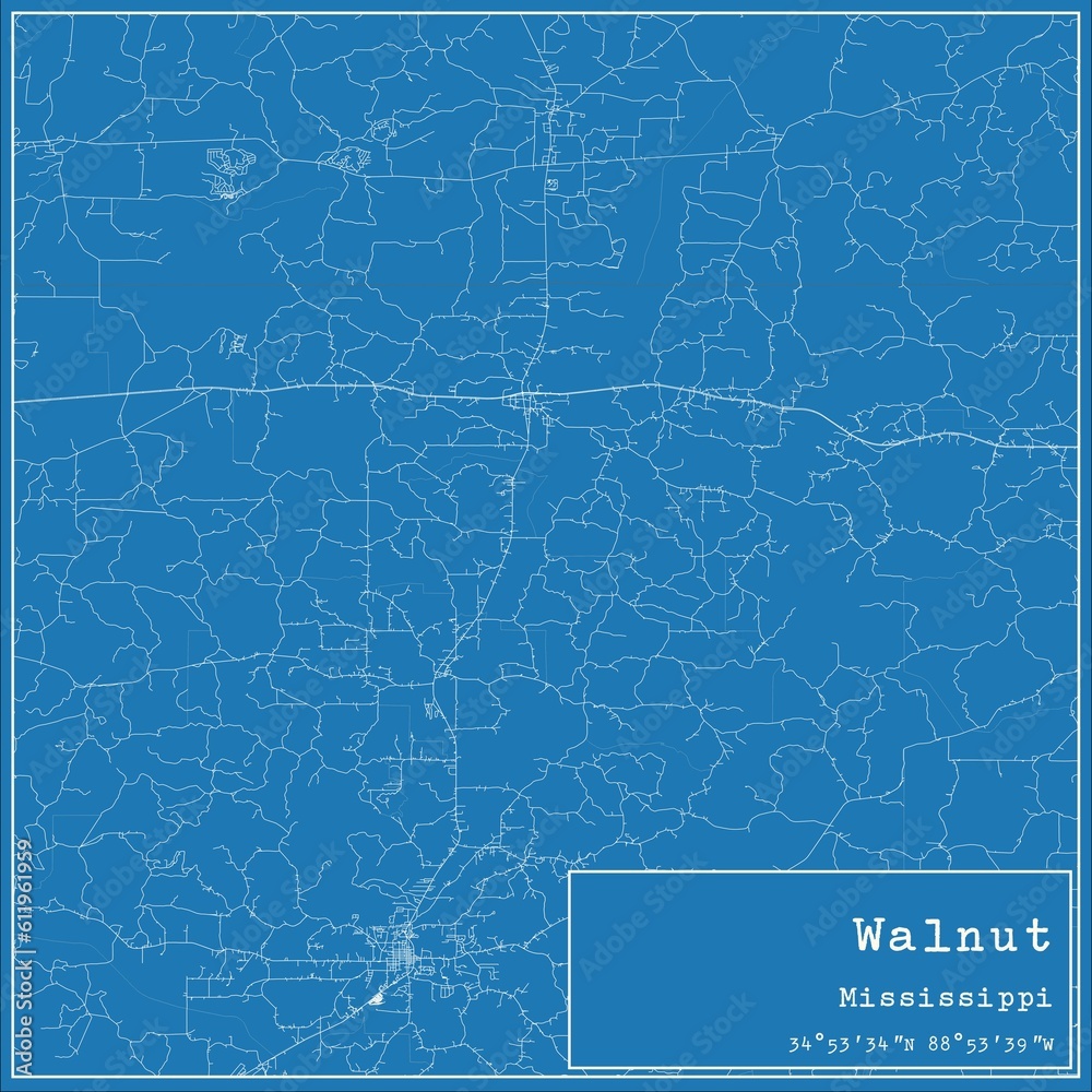 Blueprint US city map of Walnut, Mississippi.