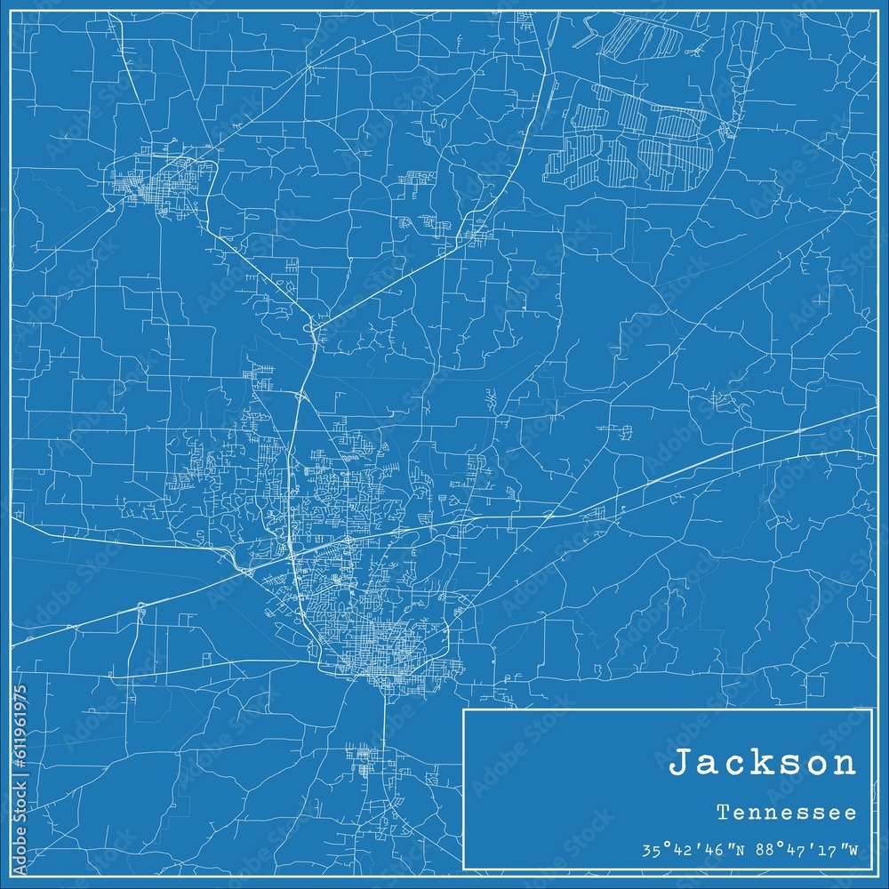 Blueprint US city map of Jackson, Tennessee.