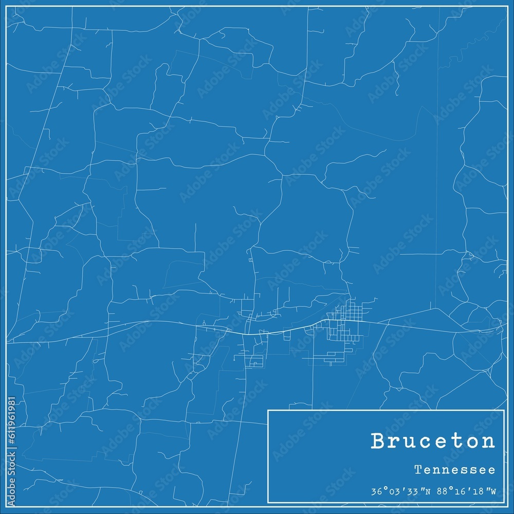 Blueprint US city map of Bruceton, Tennessee.