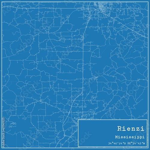 Blueprint US city map of Rienzi, Mississippi.