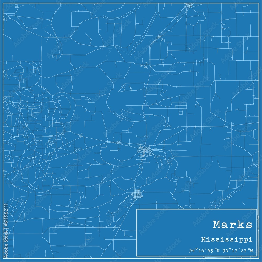 Blueprint US city map of Marks, Mississippi.