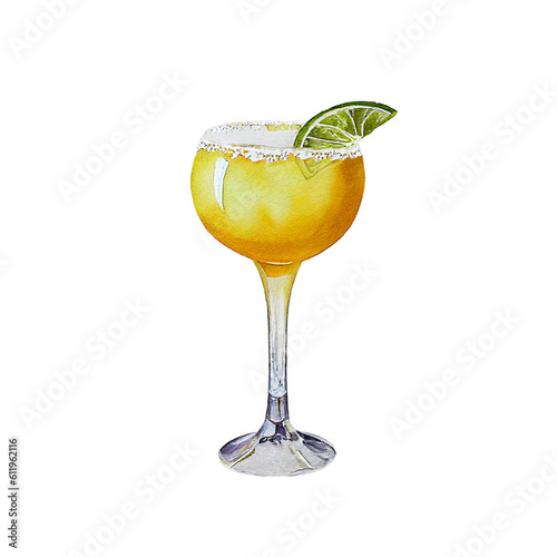Watercolor illustration of fresh Margarita cocktail with green limes on transparent background. Generative ai illustration of alcohol cocktail.