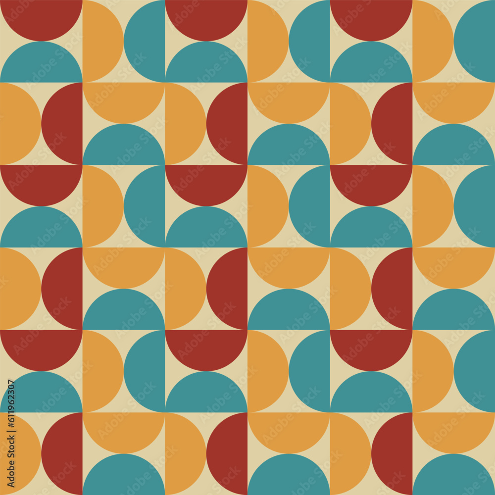 Trendy retro geometric seamless pattern with yellow red and blue semicircles on a beige background Trendy retro geometric seamless pattern with yellow red and blue semicircles on a beige background