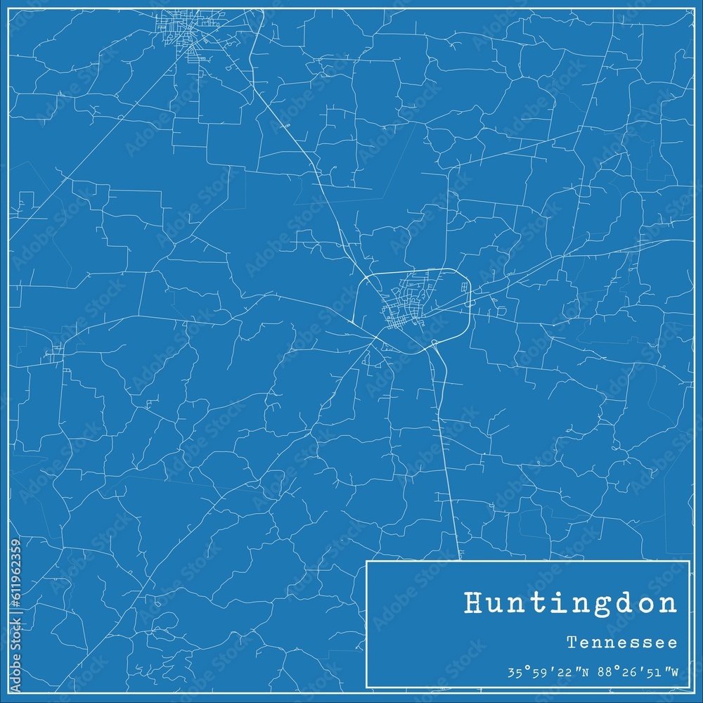 Blueprint US city map of Huntingdon, Tennessee.