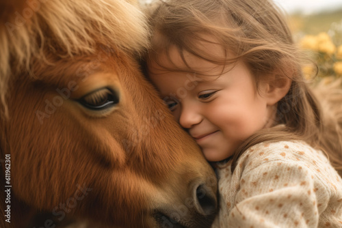Close-up portrait illustration of a cute little girl cuddling with a shetland pony in a rural summer setting, created with generative ai © Annabell Gsödl