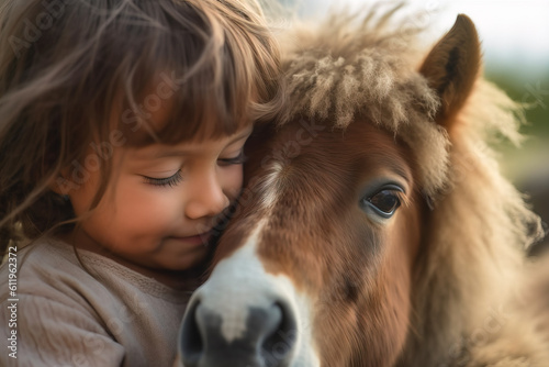 Close-up portrait illustration of a cute little girl cuddling with a shetland pony in a rural summer setting, created with generative ai