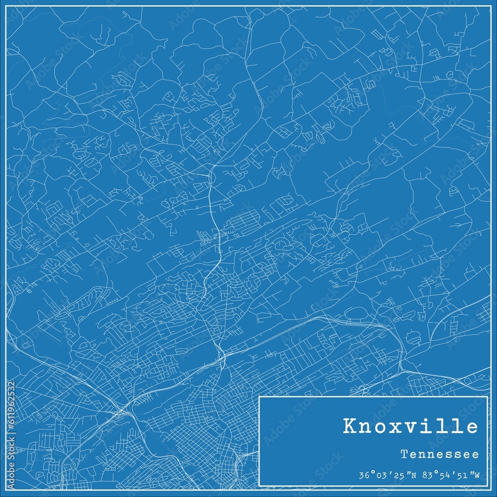 Blueprint US city map of Knoxville, Tennessee.