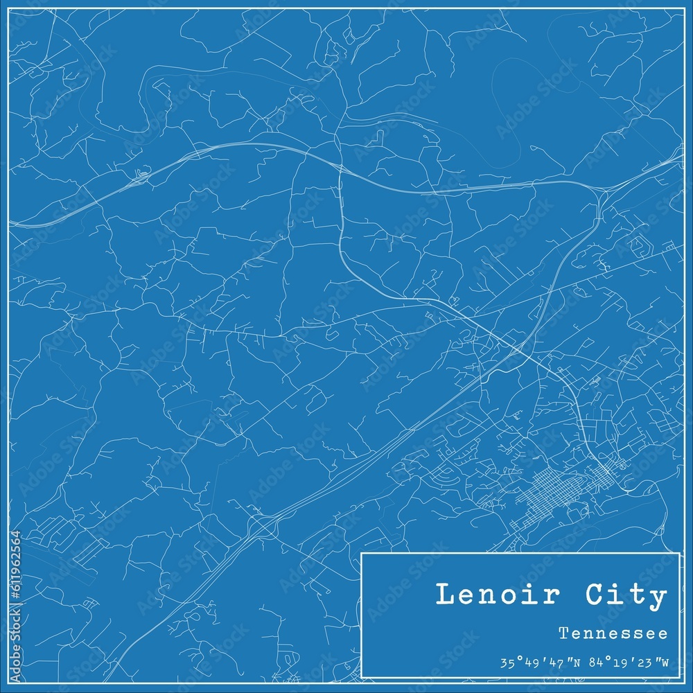 Blueprint US city map of Lenoir City, Tennessee.