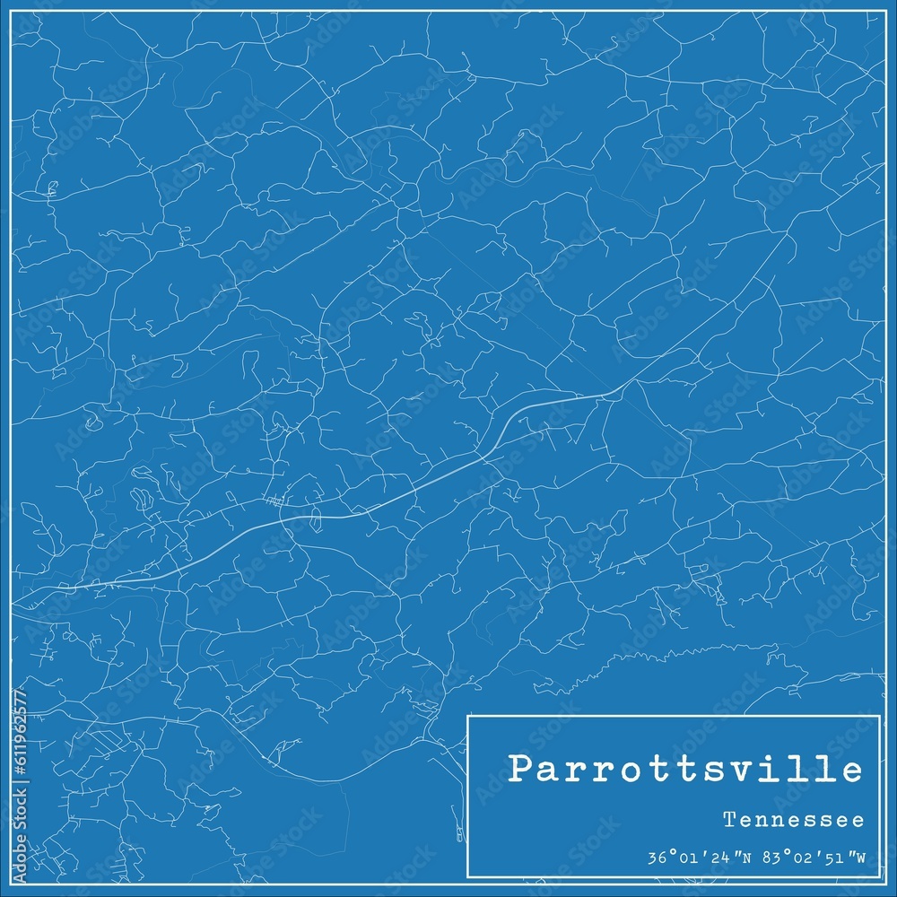 Blueprint US city map of Parrottsville, Tennessee.