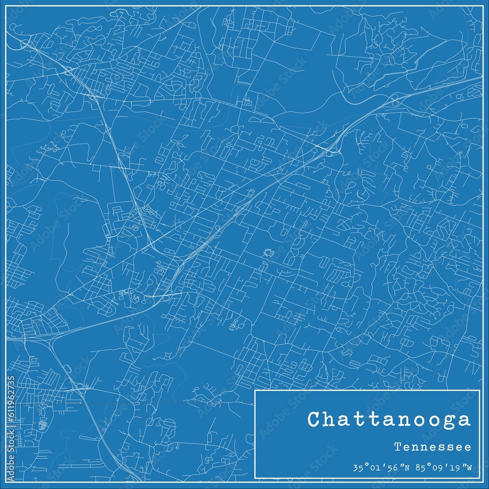 Blueprint US city map of Chattanooga, Tennessee.