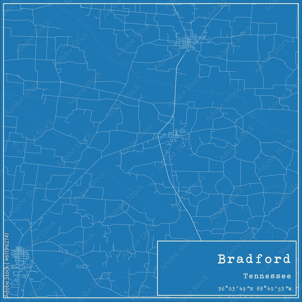 Blueprint US city map of Bradford, Tennessee.