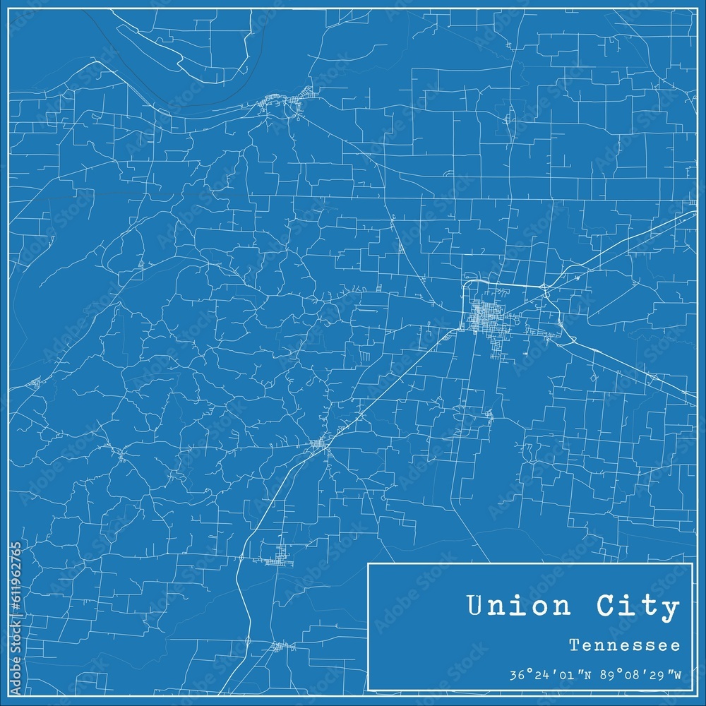 Blueprint US city map of Union City, Tennessee.
