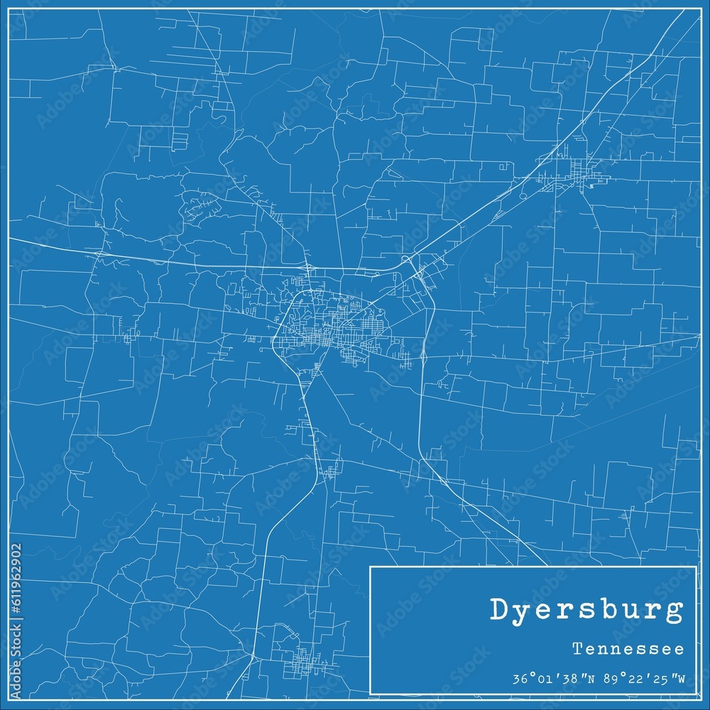Blueprint US city map of Dyersburg, Tennessee. Blueprint US city map of Dyersburg, Tennessee.