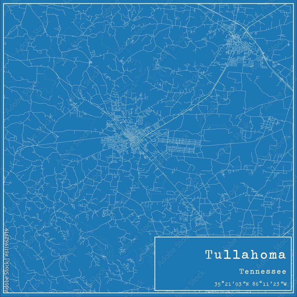 Blueprint US city map of Tullahoma, Tennessee. Blueprint US city map of Tullahoma, Tennessee.