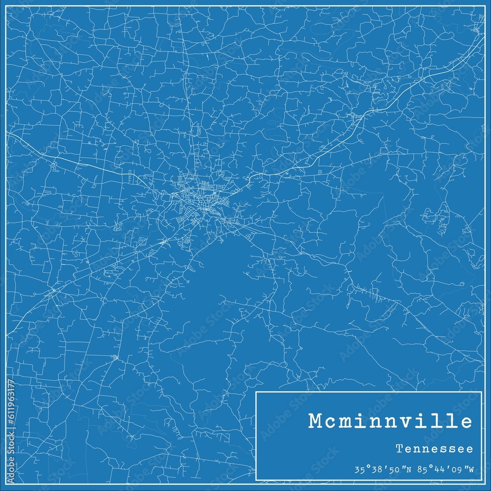 Blueprint US city map of Mcminnville, Tennessee.