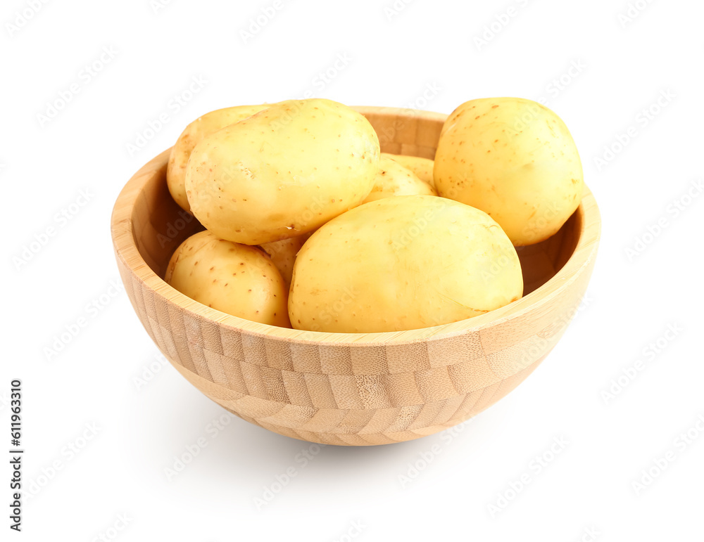 Wooden bowl with raw baby potatoes on white background Wooden bowl with raw baby potatoes on white background