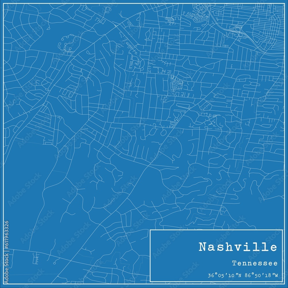 Blueprint US city map of Nashville, Tennessee.