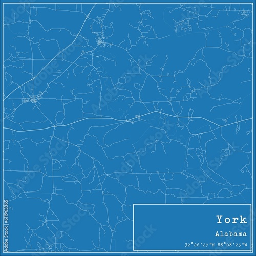 Blueprint US city map of York, Alabama.