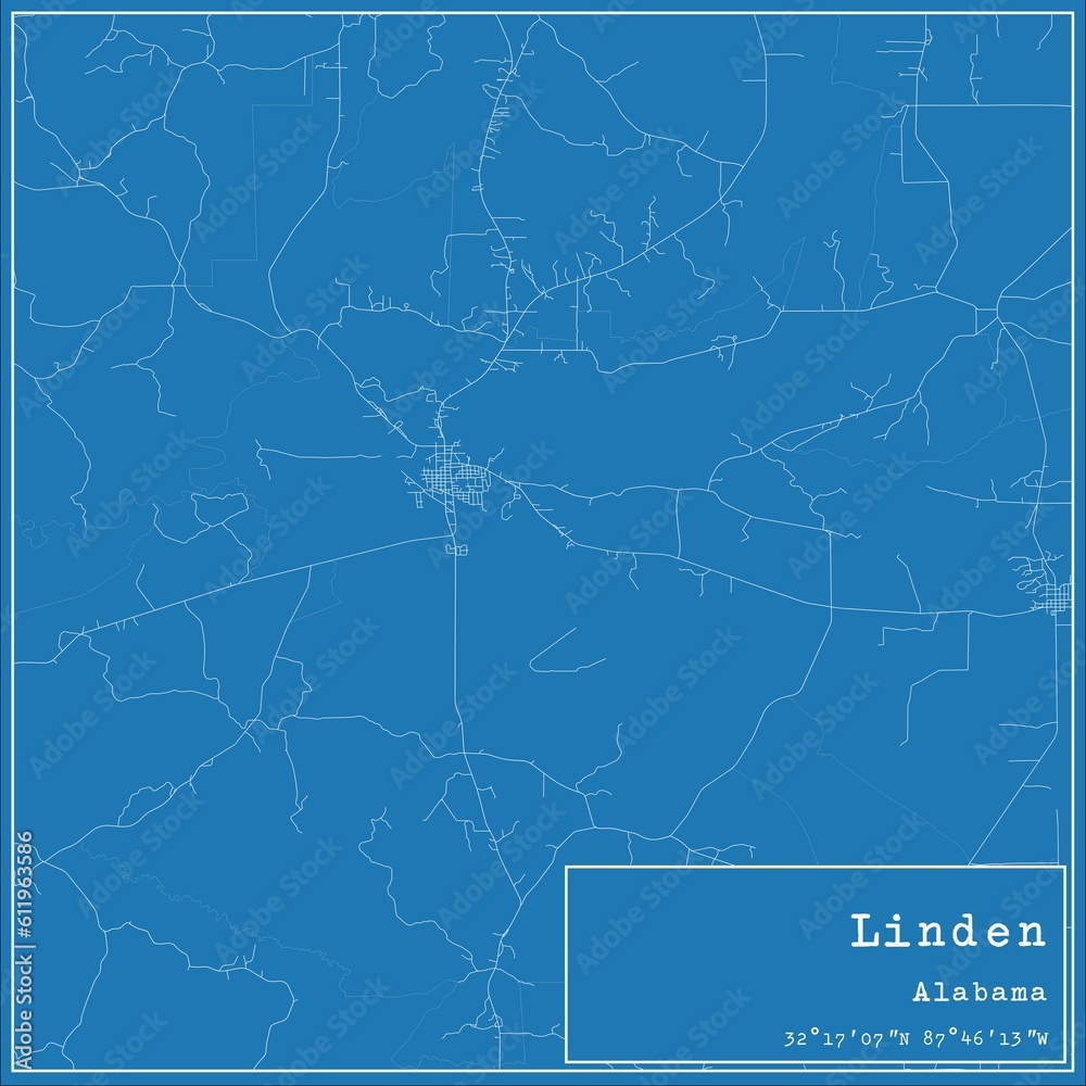 Blueprint US city map of Linden, Alabama.
