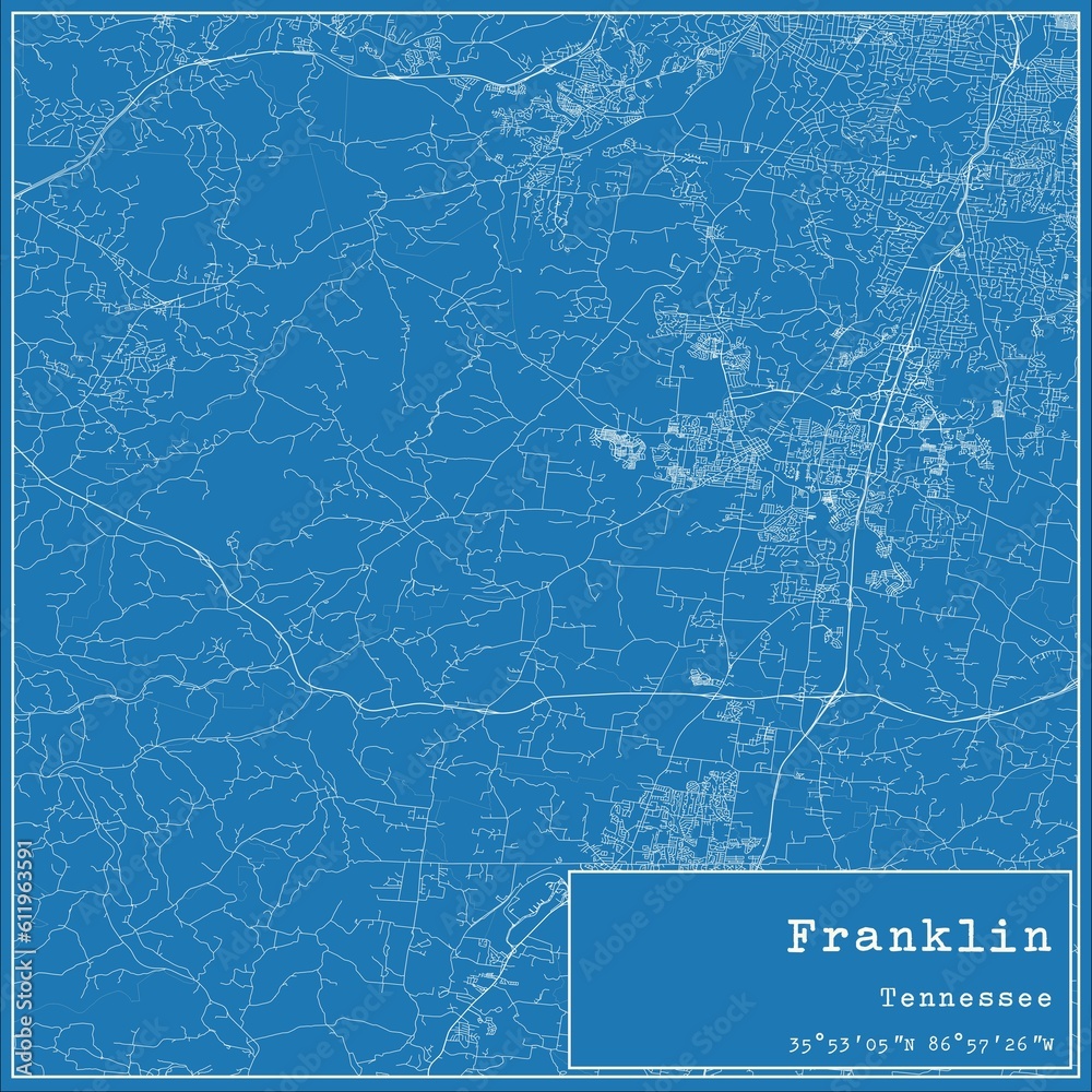 Blueprint US city map of Franklin, Tennessee.