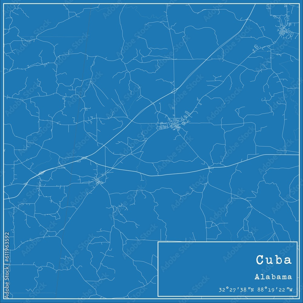 Blueprint US city map of Cuba, Alabama.