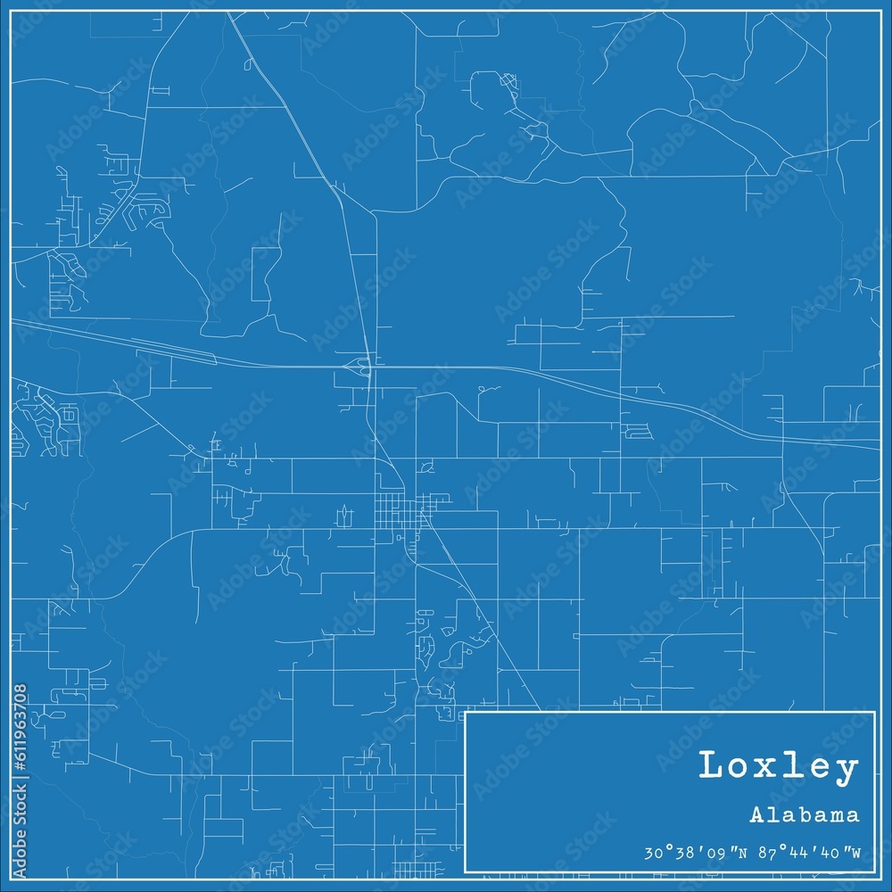 Blueprint US city map of Loxley, Alabama.