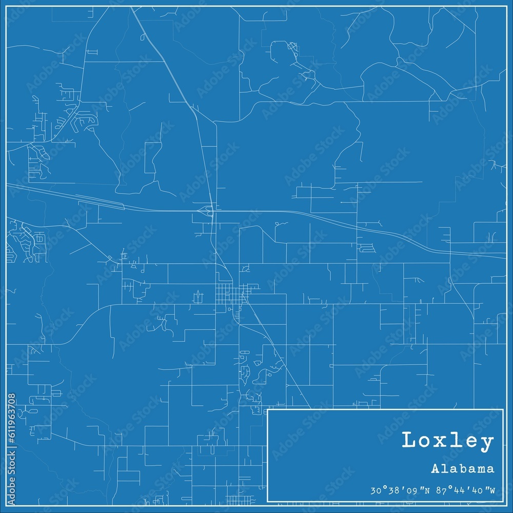 Blueprint US city map of Loxley, Alabama. Blueprint US city map of Loxley, Alabama.