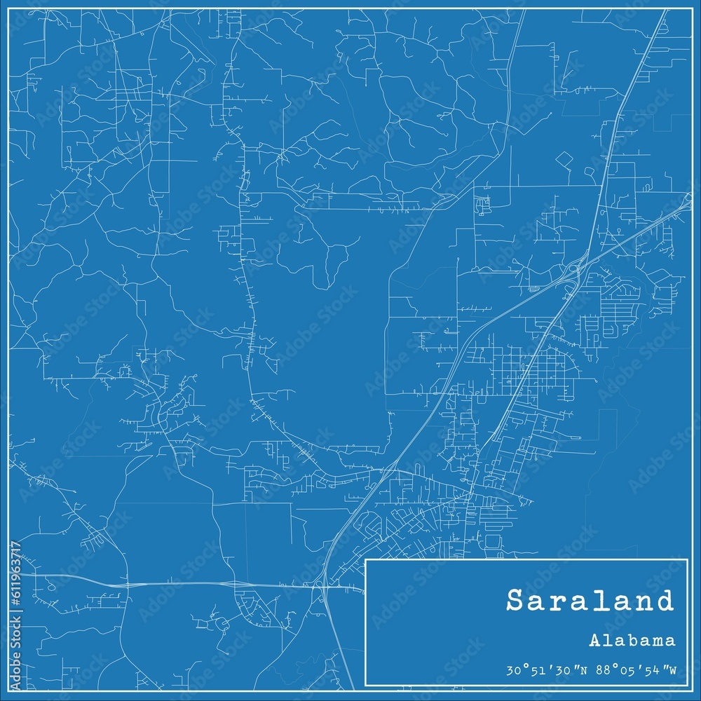 Blueprint US city map of Saraland, Alabama.