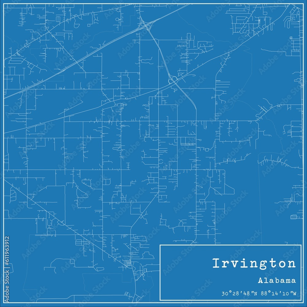 Blueprint US city map of Irvington, Alabama.