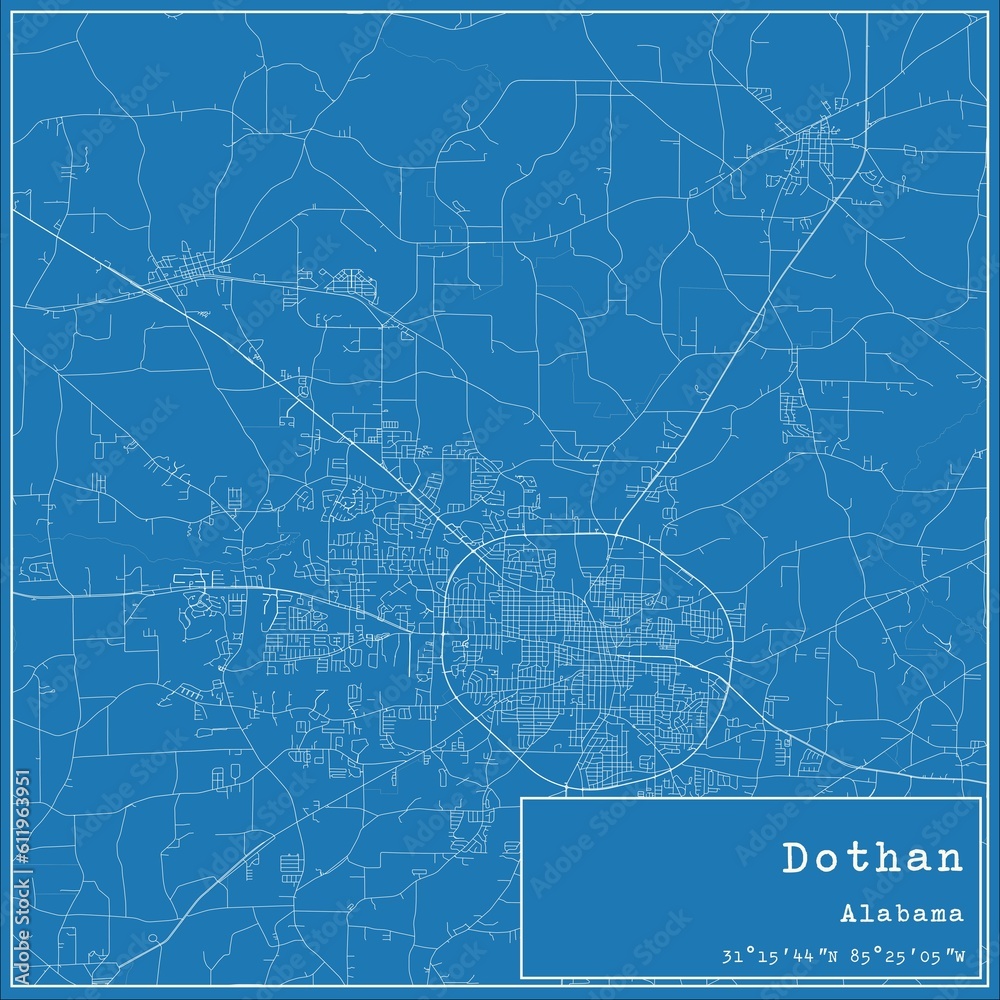 Blueprint US city map of Dothan, Alabama.