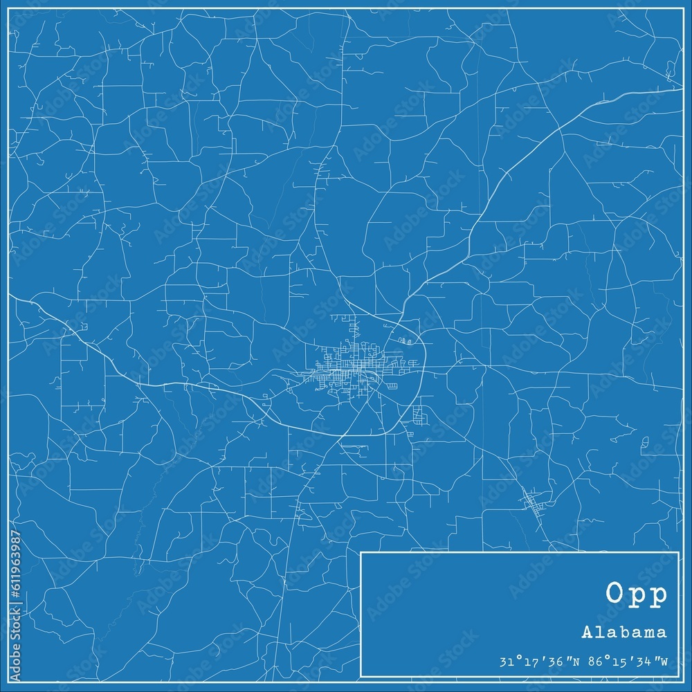 Blueprint US city map of Opp, Alabama.