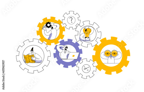 Different characters deal with their parts of the gear. Vector illustration on the theme of interaction between departments and teamwork.