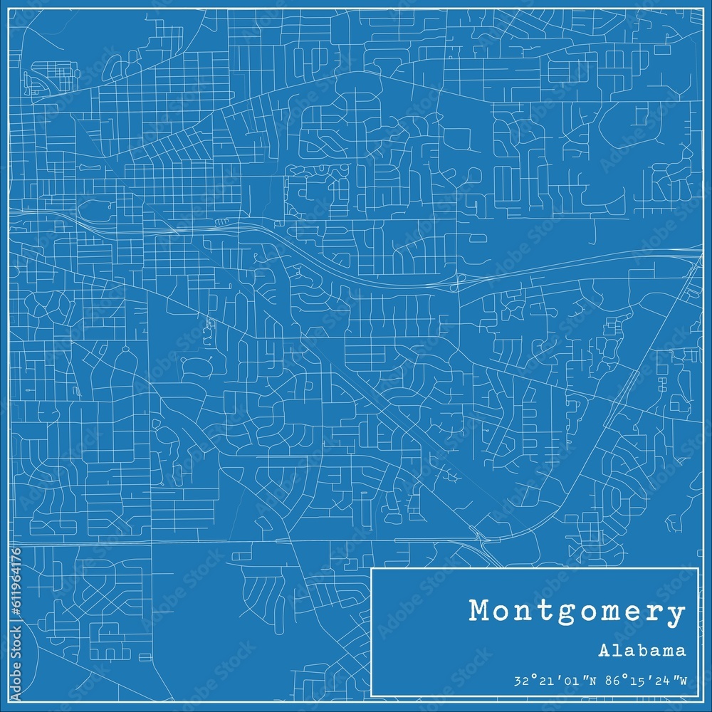 Blueprint US city map of Montgomery, Alabama. Blueprint US city map of Montgomery, Alabama.