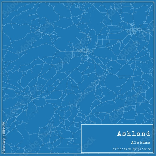 Blueprint US city map of Ashland, Alabama.