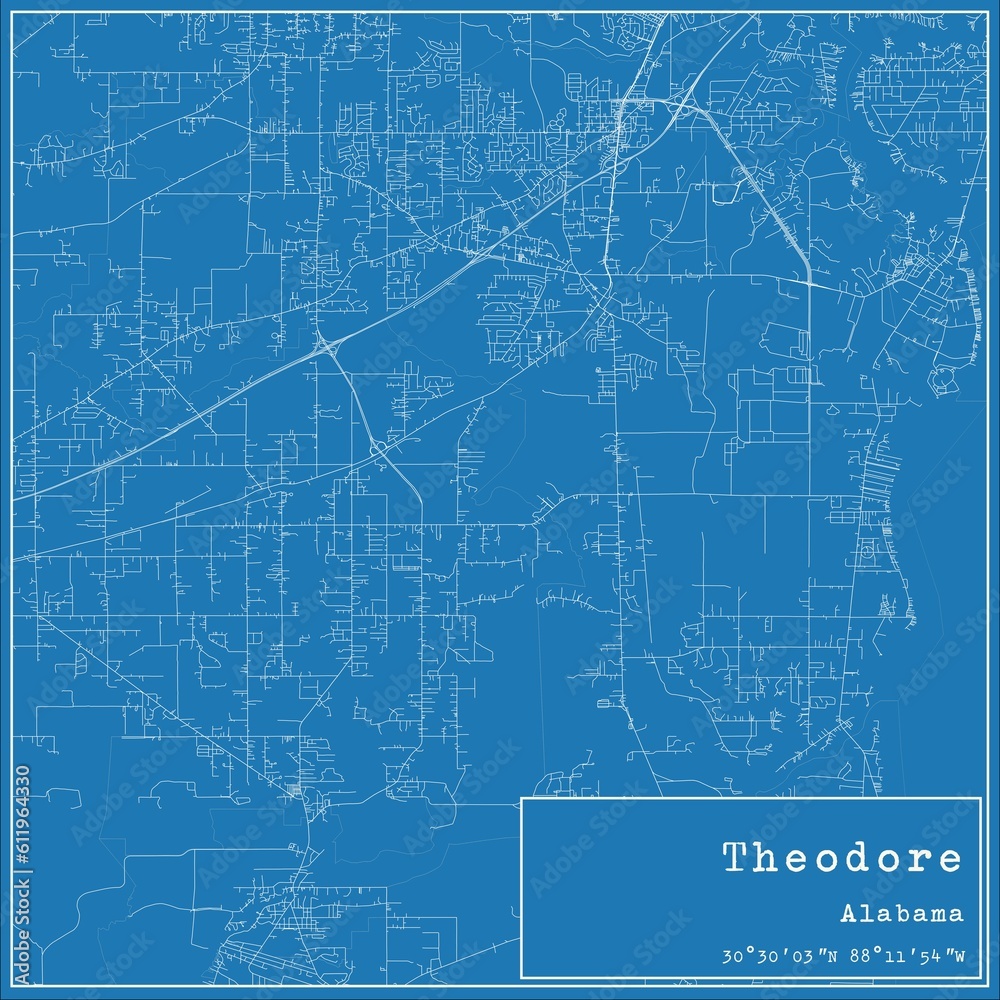 Blueprint US city map of Theodore, Alabama.
