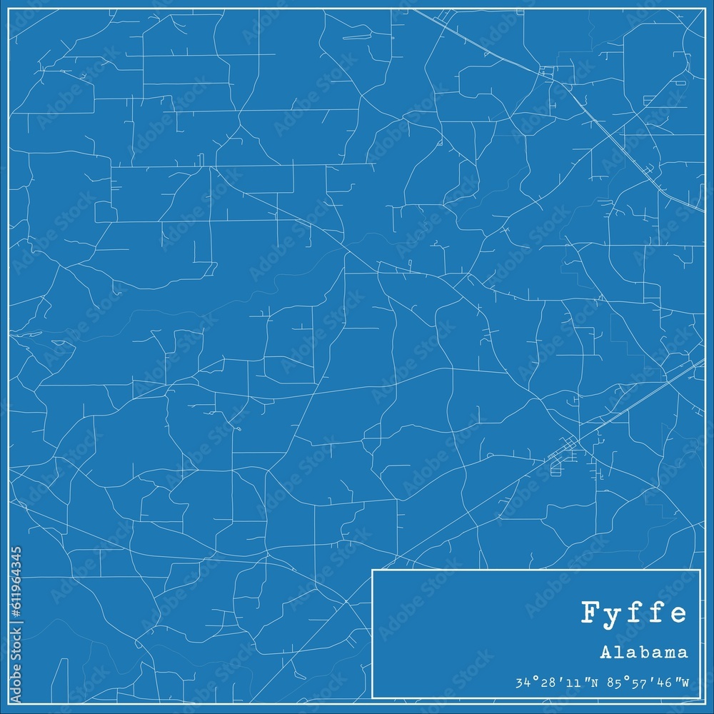 Blueprint US city map of Fyffe, Alabama.
