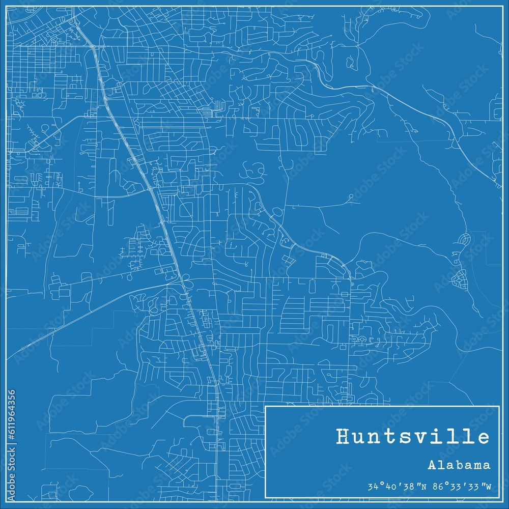 Blueprint US city map of Huntsville, Alabama.