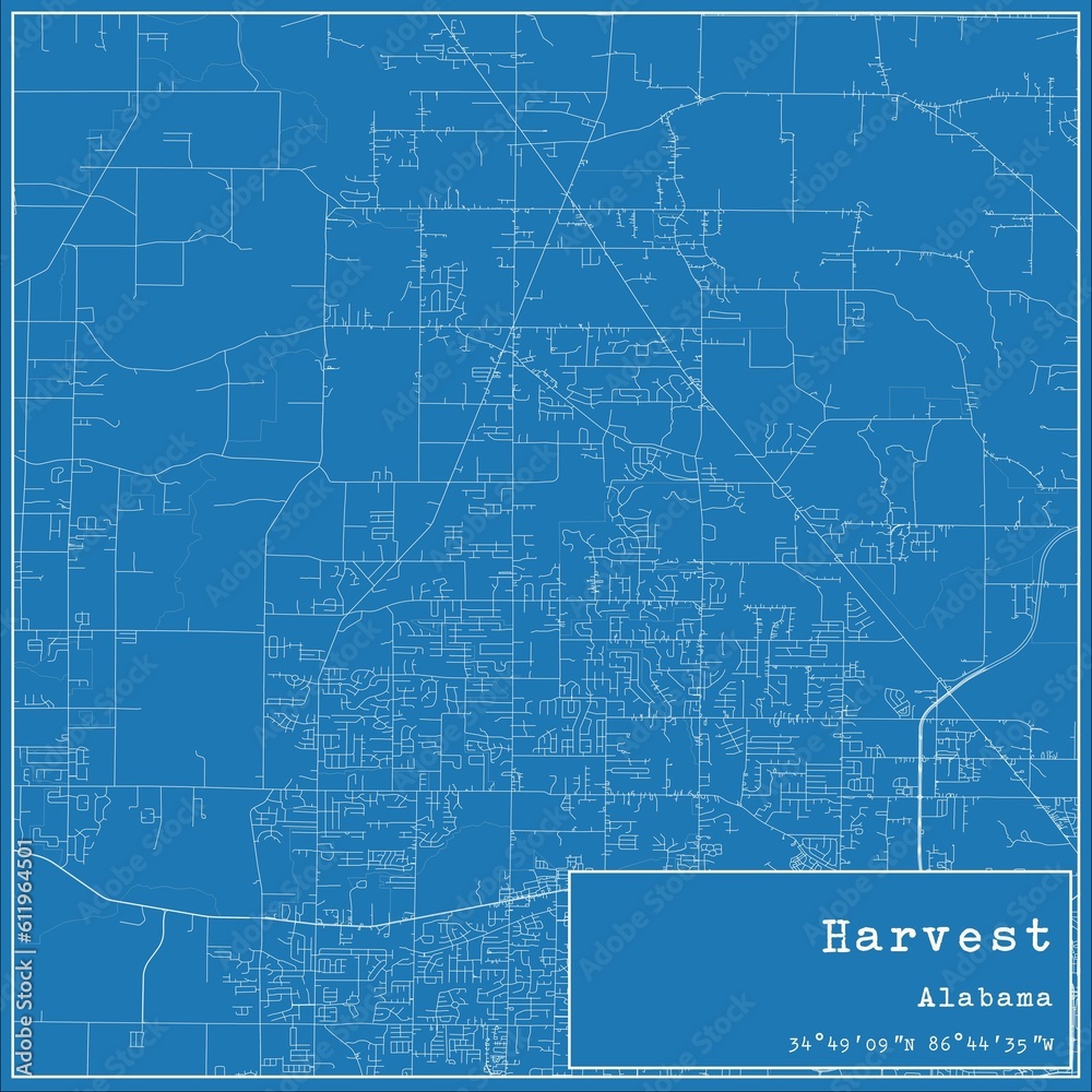 Obraz premium Blueprint US city map of Harvest, Alabama.