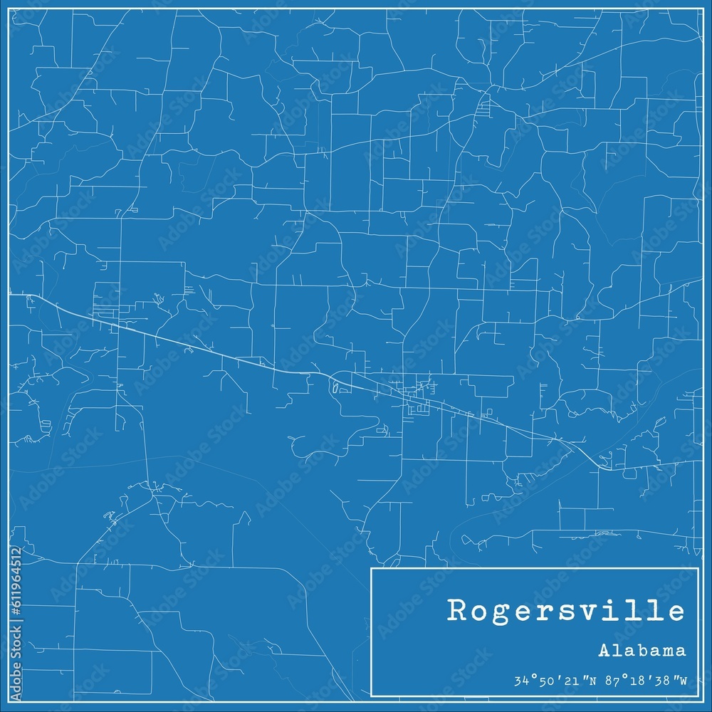 Blueprint US city map of Rogersville, Alabama.